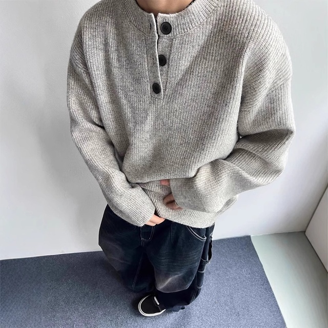 American Retro XXL Cable Knit Sweater for Men High-End Henley Collar Cleanfit Jacket Warm Stripe Logo for Spring Lazy Style