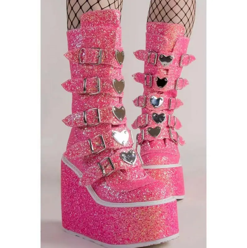 Customized New Pink Glitter Sequins Heart Round Toe Platform Shoes Knee High Big Size Punk Shoes Fashion Wedge Cool Boots