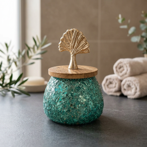 Pot à bougie en verre vert pailleté avec couvercle en bois, lanterne décorative, décoration de bureau et de maison - Product Image 2