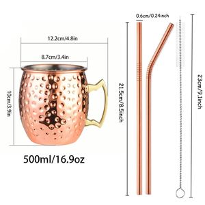 Ensemble de tasses à Moscow Mule en acier inoxydable 304 avec pailles et poignée, verre à cocktail, mug à bière de bar martelé créatif pour les fêtes de famille - Product Image 2
