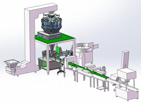 Automatische weeg- en verpakkingslijn voor kleine biscuits, glazen, metalen en plastic potten, inclusief vul- en afsluitmachine voor flessen en etiketteermachine.