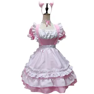 Japanese Kawaii Coffee Waitress Women Sweet Lolita Anime Bunny Girl Maid Cosplay Costumes Pink Bow Party Princess Dress