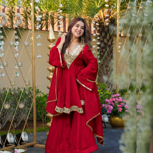Red Embroidered Silk <b>Shawl</b> with Mirror Work Traditional Indian & Pakistani Women's Wear Breathable Daily Wear - Product Image 1