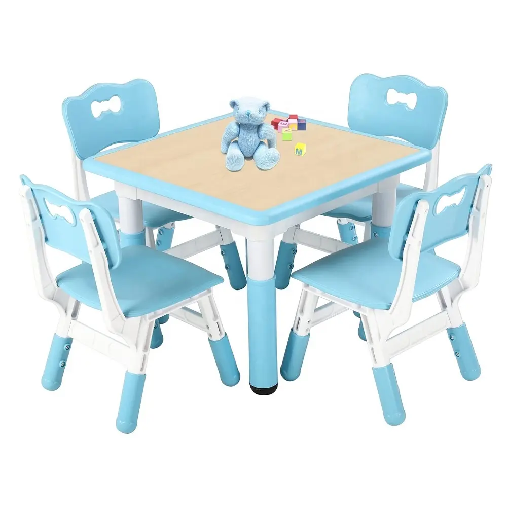 Mesa estable de plástico azul para niños con 4 sillas, juego de escritorio de estudio para niños, juego de sillas de mesa de actividades para el aula, guardería, hogar