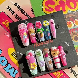 Qianya ตะปูตอกแบบแฮนด์เมดสไตล์ไทย-10ชิ้นเล็บปลอมทรงตัวทียาวสำหรับผิวสีเข้มดีไซน์สาวๆน่ารักสีสันสดใส - Product Image 3