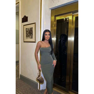 Vestido Formal Caqui de Una Manga con Cremalleras, Huecos, Elegante, Lindo, Liso, Cintura Elástica, Translúcido para Atuendos de Primavera y Otoño, Barato, Talla XS - Product Image 1