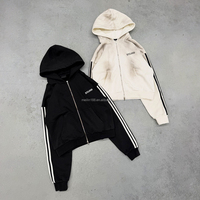 Ensemble de survêtement deux pièces personnalisé, style vintage délavé, avec bande latérale, comprenant un sweat à capuche zippé et un pantalon de survêtement à jambe large, en molleton brossé épais et doux