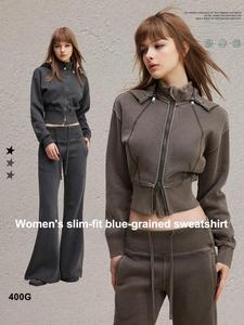 DN-N25301 Nuova <span class=keywords><strong>Felpa</strong></span> Autunnale 2025 <span class=keywords><strong>con</strong></span> <span class=keywords><strong>Cappuccio</strong></span> Staccabile, Design Corto <span class=keywords><strong>con</strong></span> Cerniera e Cintura in Vita per Donna - Product Image 1