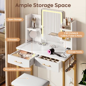 Table de maquillage moderne pour chambre à coucher avec tabouret rembourré noir et or, miroir éclairé et lampe - Product Image 5