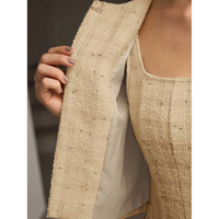 Fabricant OEM ODM sur mesure, ensemble deux pièces en tweed kaki pour femmes, veste courte, robe mi-longue plissée sans manches, hiver, marque privée