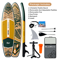 Planche de SUP gonflable 11' style Boho Tribal, 33 pouces de large, avec finition grain de bois artisanale, pompe et aileron inclus, pour le yoga et la navigation