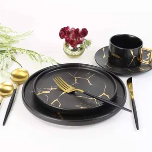 <span class=keywords><strong>Service</strong></span> de table en céramique noire, vaisselle en céramique, assiettes et bols en céramique, <span class=keywords><strong>service</strong></span> de table en céramique marbrée noire - Product Image 1