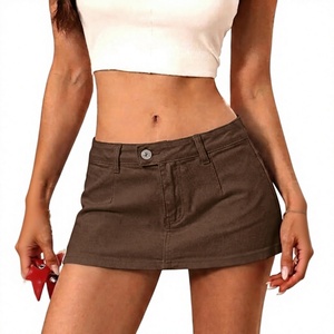 Mini-jupe en jean marron pour femme, couleur unie, style décontracté d'été, coupe trapèze, avec fermeture boutonnée, coupe classique - Product Image 1
