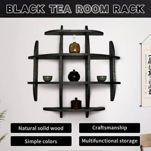Solid Wood Chinese Style <b>Wall</b> Mounted Tea Rack Multi Compartment Black Antique <b>Display</b> Shelf Geometric Shape - Product Image 3