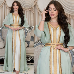 Ensembles de luxe 2 pièces pour femmes musulmanes, style <span class=keywords><strong>Moyen</strong></span>-Orient, robes Abaya de Dubaï, doux, longueur ras du sol, élégants, respirants, en polyester, col en V - Product Image 4