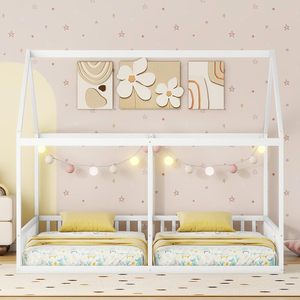 Lit double pour enfants <span class=keywords><strong>2</strong></span>-en-1 Cadre de lit en bois massif Cabine Clôture de sécurité Salle à manger MDF Sommier à lattes en bois blanc (<span class=keywords><strong>Matelas</strong></span> non inclus) - Product Image 3