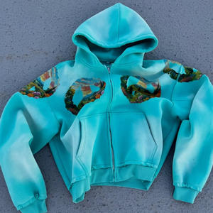 Sudadera con Capucha Corta de Estilo Urbano, Color Azul <span class=keywords><strong>Cielo</strong></span>, Estampado Digital en la Parte Delantera, Preencogida, Suave, de Felpa Francesa, con Dobladillo Acanalado de Alta Calidad y Cierre de Cremallera - Product Image 1