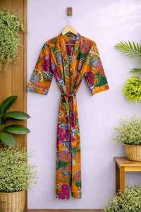 Bata Kimono de Algodón Estampada a Mano, Ropa de Dormir con Estampado de Bloques, Bata de Baño de Verano - Product Image 2