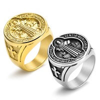 Nouvelle vente chaude Hip Hop Punk Antique acier inoxydable saint Benoît exorciste sainte médaille plaqué or hommes chapelet anneau