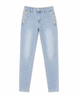 Jean skinny décontracté taille haute respirant bleu clair de luxe avec boutons dorés pour femme