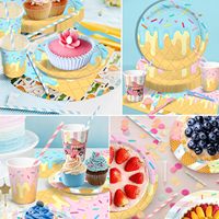Assiette jetable ronde de 7 pouces pour fête, approuvée par la FDA, 350 g/m², blanche, CMYK, motif crème glacée, joyeux anniversaire