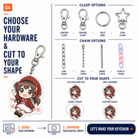Porte-clés en acrylique anime mignon, acrylique transparent 3mm, vente en gros, faible MOQ, fermoir pivotant, forme découpée sur mesure, léger et durable
