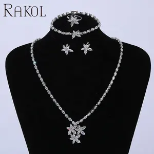 RAKOL SPS003 Sparkling Cushion Cut Cubic Zirconia Necklace Earrings Set White Gold Flower Diamond Bridal Wedding Jewelry Set