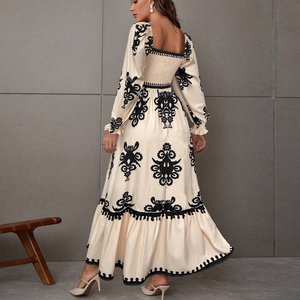 Nhà sản xuất quần áo phụ nữ thanh lịch dân tộc in smocked dài ăn mặc giản dị vuông cổ đèn lồng tay áo khiêm tốn Dresses - Product Image 3