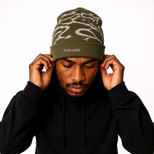 Custom Logo Jacquard Knit Beanie Hat Winter Warm Cuffed Skull <b>Cap</b> Unisex Black Knit Beanies For <b>Men</b> Women - Product Image 3