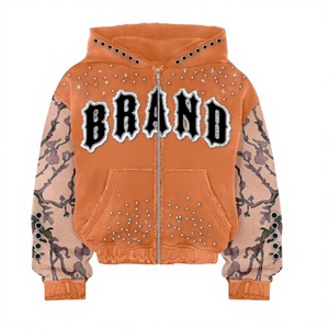 BRAND <b>Pink</b> Solid Zip-Up Hoodie Rhinestone Embellished Regular Fit Y2K Style Unisex Fleece <b>Sweatshirt</b> 100% Cotton Breathable - Product Image 6