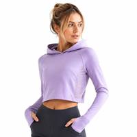 Haut de sport pour femme, coupe courte, à manches longues, avec empiècements en maille respirante, coupe ajustée, confortable et élégant, avec passe-pouces, anti-transpiration, pour le yoga, l'entraînement et la gym