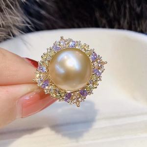 Bague en perles d'or naturel 12-13 mm, style Hong Kong, argent pur, plaque épaisse, couleur tendance, design de trésor, bagues en perles - Product Image 1