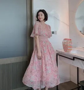 ZYHT 1840 2024 femmes élégante mode longue robe en mousseline de soie été Boho plage à volants manches Maxi Floral robe coréenne