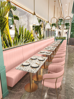 Meubles de restaurant commerciaux modernes de haute qualité, table et chaises en acier inoxydable avec pieds dorés, canapé en cuir rose pour café
