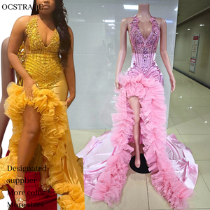 <span class=keywords><strong>Abito</strong></span> da Sera Elegante Ocstrade Personalizzato, Senza Maniche in <span class=keywords><strong>Raso</strong></span> Rosa con Strass, Spacco Alto e Strascico a Strati - Product Image 1