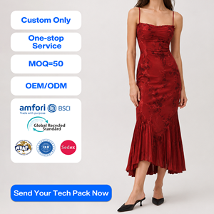 Gaun <span class=keywords><strong>Midi</strong></span> Bodycon Tali Cami Jacquard Bunga Merah SHENGFU Custom OEM dengan Lipit di Bagian Bawah, <span class=keywords><strong>Pakaian</strong></span> Kasual Musim Panas untuk Wanita - Product Image 1