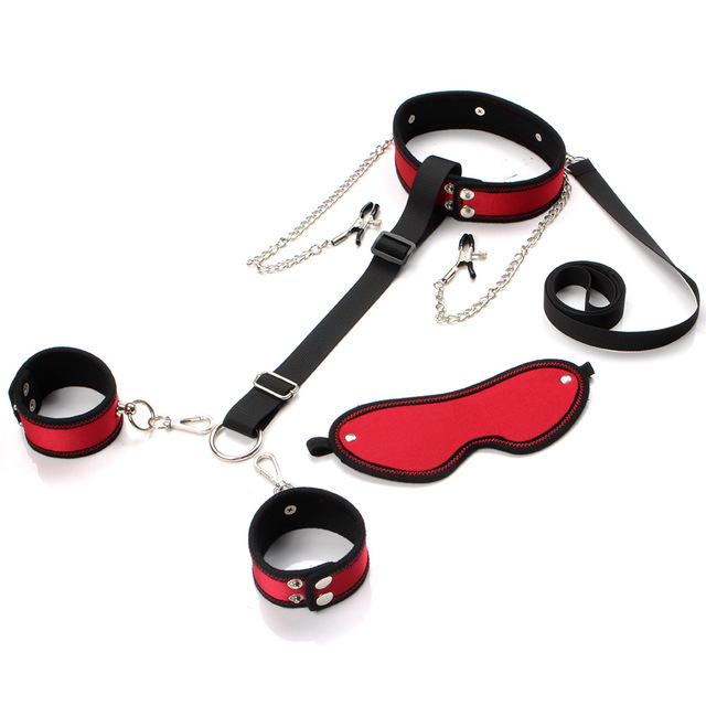 Sex Bondage Kits Red+Black Waterproof Adjustable Restraint Toys Handcuffs Ankle Cuffs Blindfold Restraints Set SM Beginner Role