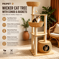 PAIPET Arbre à chat en osier sur mesure, multi-niveaux, sur pied, avec base en bois, style mignon, gamelle en acrylique, poteaux en sisal et panier en osier