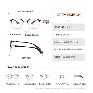 Montures de lunettes rectangulaires grises Jack à double pont, monture complète, protection anti-lumière bleue, unisexe, verres plats 8329 - Product Image 4