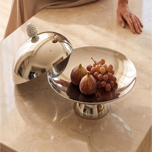 欧式不锈钢水果盘带盖实心图案家用客厅茶几零食收纳盘 - Product Image 4