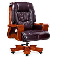 Fauteuil de direction rembourré marron foncé A8041 avec accoudoirs en bois massif et base décorative en bois à cinq branches