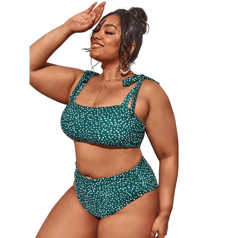 Plus Size Women Dot Green Vintage Bikini Tie Straps High Waisted Women Recycled Nylon Ladies Bathing Suit