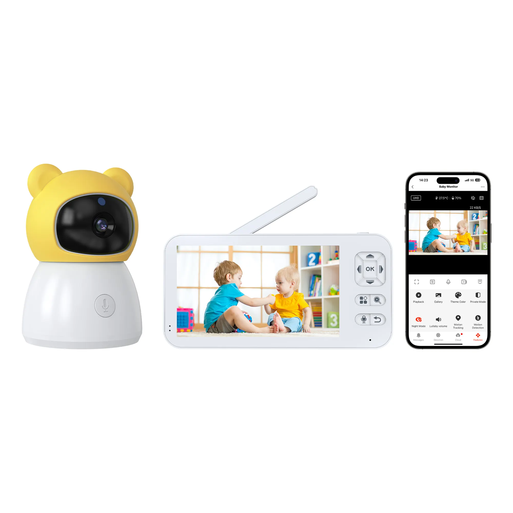 Baby monitor Wifi per smartphone app con fotocamera e monitor da 5 pollici durevole monitor e telecomando