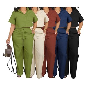 Women's Short Sleeve Shirt Long <b>Pants</b> Linen Casual Summer 2 Piece Set Fashion - Product Image 5