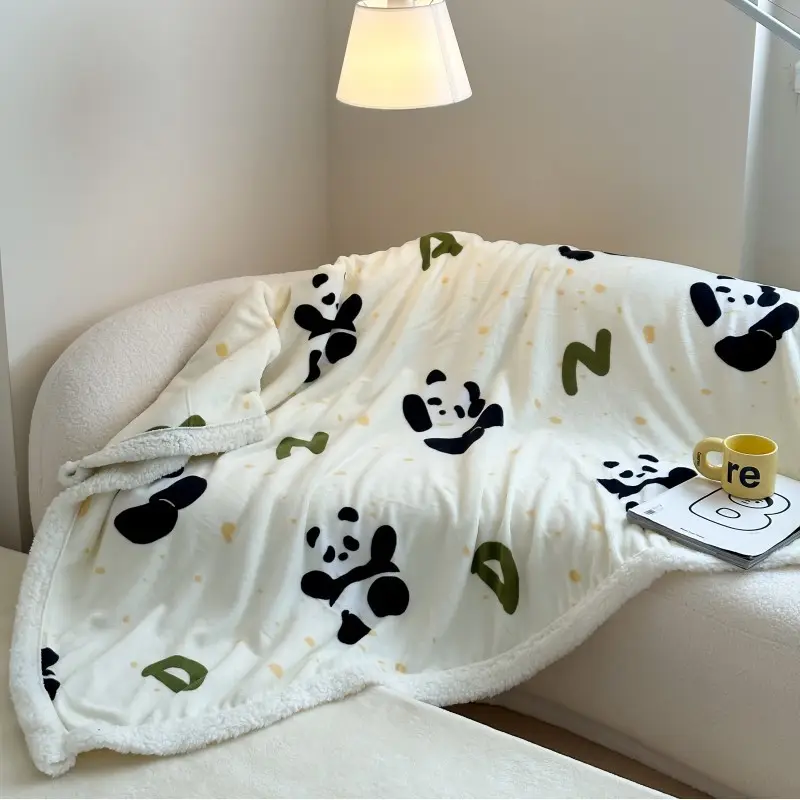 Dupla Camada De Velo De Pelúcia Sherpa Lance Home Textile Atacado Desenhos Animados Personalizados Impressão Panda All Season Macio Sofá Cama Cobertores