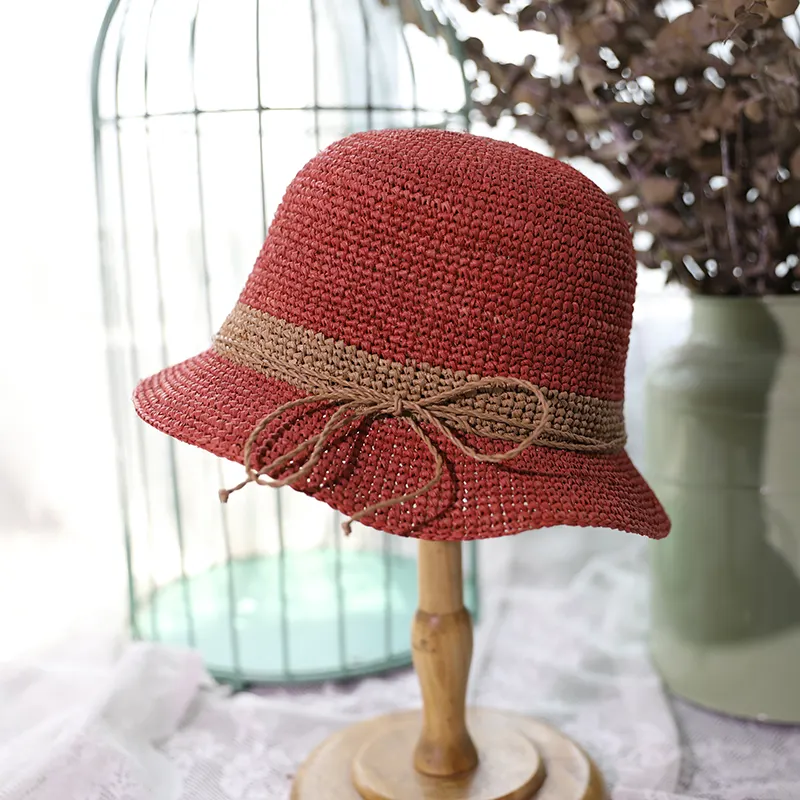 Özel tasarım disket katlanabilir ağız dekorasyon tığ rafya şapka el yapımı yaz plaj hasır şapka rafya kadın şapka