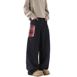 Jean en denim tricoté coupe droite taille mi-haute pour homme, style hip-hop américain, décontracté <span class=keywords><strong>vintage</strong></span> avec design à surpiqûres pour le printemps et l'automne - Product Image 1