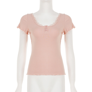 Sweet Girl Pink Lace Trim Button Front T Shirt Cap Sleeve Ruffle Detail Slim Fit Cute Top Women - Product Image 6