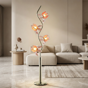 Modern Art Floral <b>Floor</b> <b>Lamp</b>, Polished S Bend Gold Pole, 4 Pink Acrylic Lotus Lampshades Luxury Home Light - Product Image 4