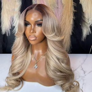 Parrucche all'ingrosso Ombre Brown Roots Ash Blonde in <span class=keywords><strong>Capelli</strong></span> Umani, Parrucca Frontale in Pizzo HD 13x6 Body Wave per <span class=keywords><strong>Donna</strong></span>, Senza Colla, con Pizzo Trasparente - Product Image 1